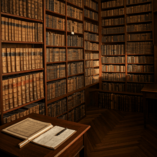 Library setting with bookshelves